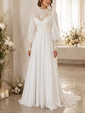 Bianchi Vintage 60s Ivory chiffon with Alencon lace trim Wedding Dress sz 8